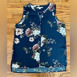 C&E Navy Blue Floral Print Sleeveless Tank Blouse Top Women’s Medium